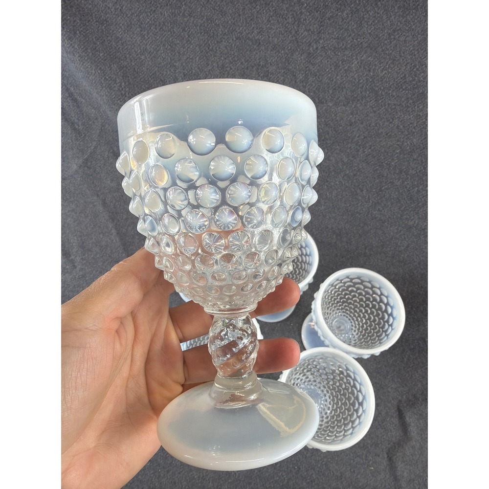 Fenton Moonstone Hobnail Opalescent‎ Glass Goblets Set of 6 White Vintage MCM - Picture 7 of 8
